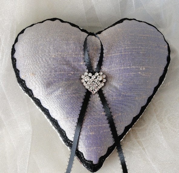 Creamy Lavender- Black Heart Ring Pillow-Removable Rhinestone Heart Pin-Keepsake-Valentines Day