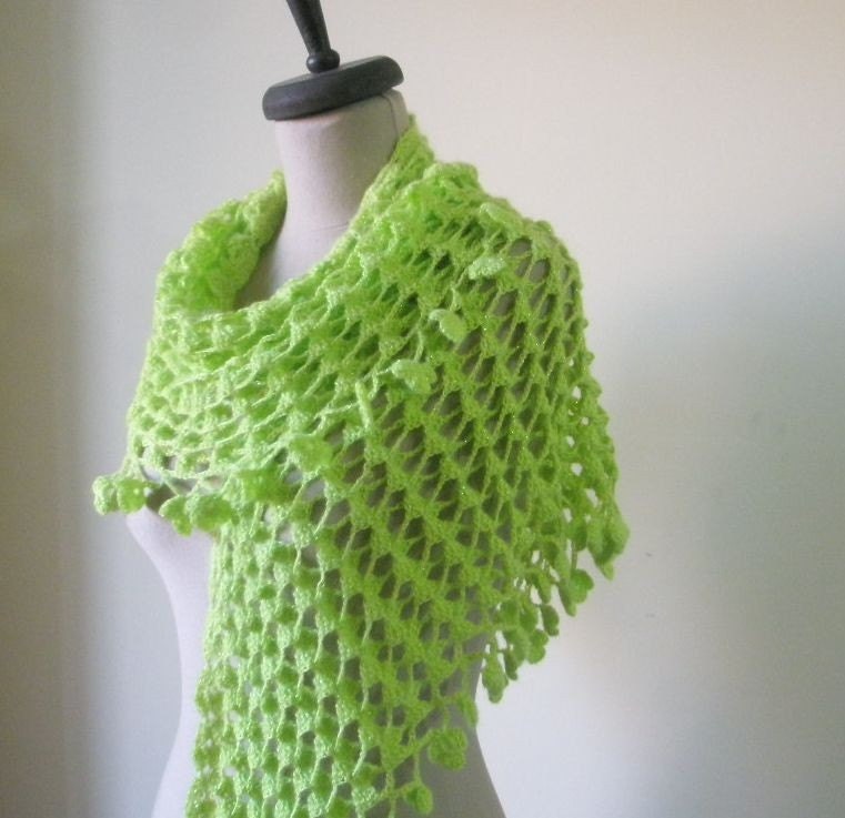Crochet Shawl Lime Green Handcrocheted Scarf  Shimmery Spring Fashion READY TO SHIPPING