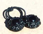 Hair Accessory Ponytail Holder - Vintage Buttons, Jet Black Glass Gems Doublet