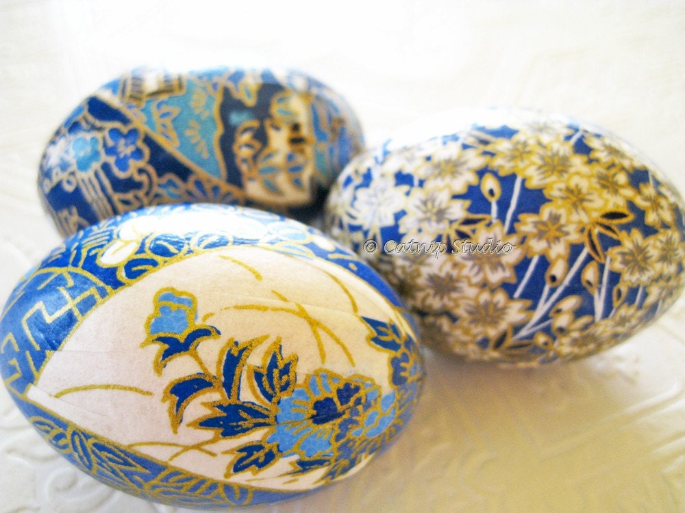 Teal Blue Origami Decoupage Easter Eggs cream gold floral elegant home decor