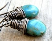 Turquoise Earrings, Mottled Turquoise Blue Glass Teardrop Antiqued Brass - Tucumcari