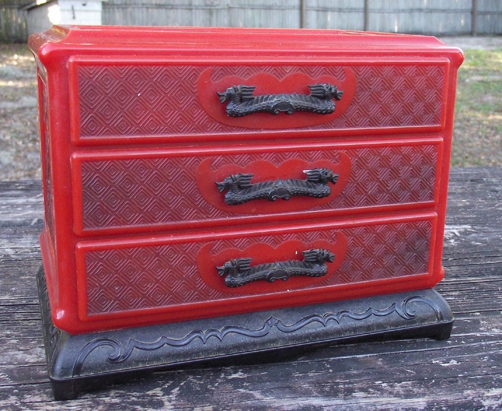 Rare Red Vintage Asian Jewelry Chest of Celluloid with Black Handles
