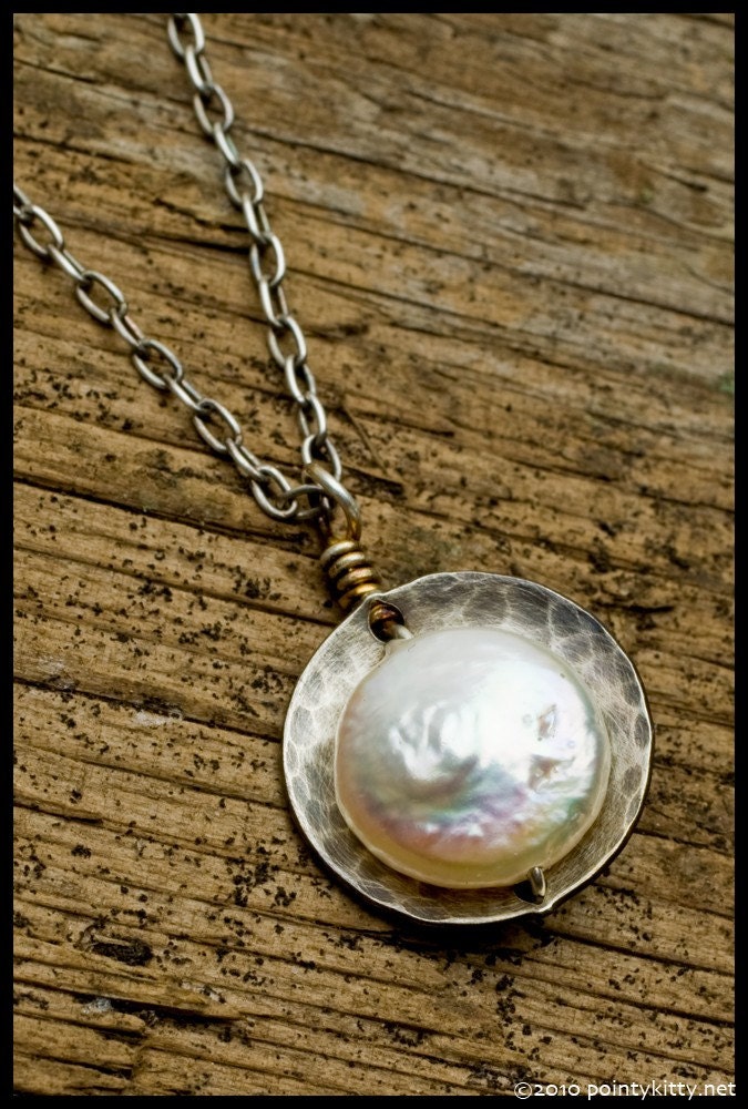 Parthena - Freshwater Pearl and recycled sterling silver hammered oxidized disc pendant necklace