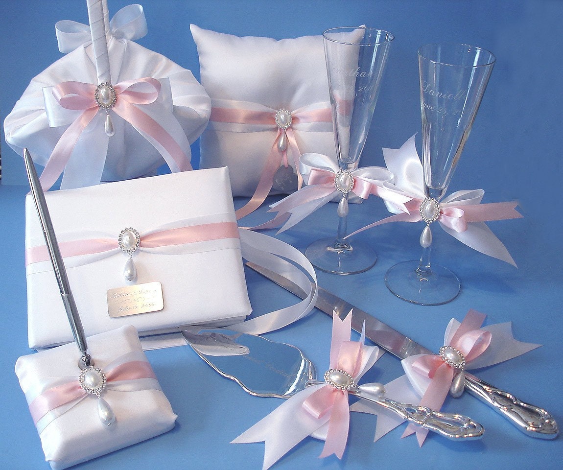 Wedding Guest Book Set, Flower Girl Basket, Ring Bearer Pillow, Toasting Flutes, Cake Serving Set with Bridal Pearls and Engraving