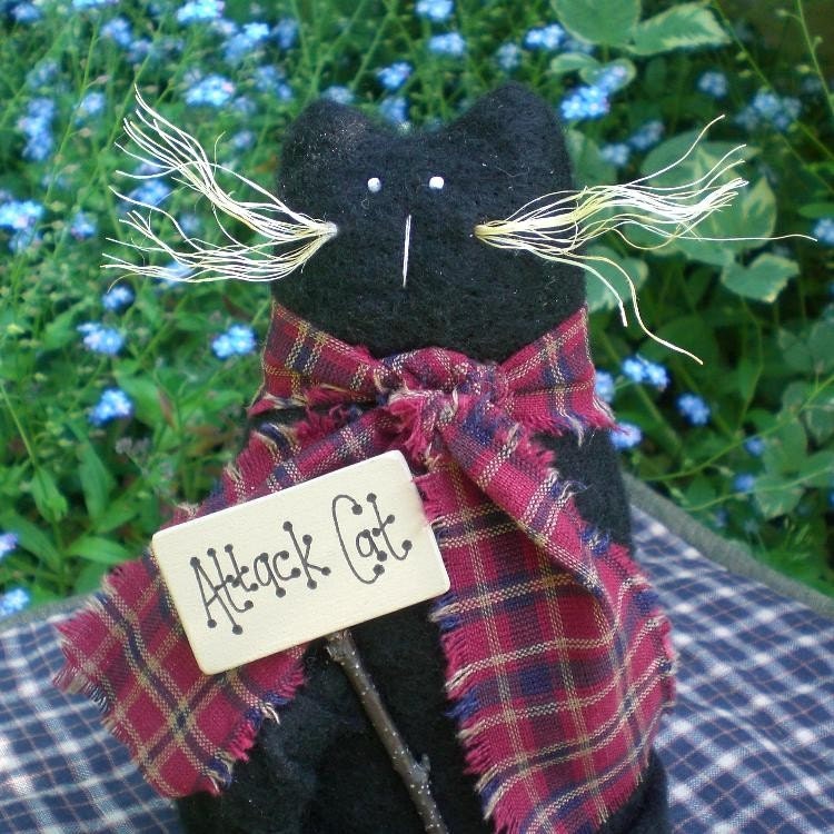 Black Attack Cat Primitive Folk Art Kitty Shelf Sitter Doll