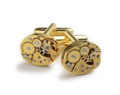 Steampunk cufflinks gold Bulova petite oval antique watch movements gears wedding anniversary mens vintage cuff links Steampunk Nation 1538