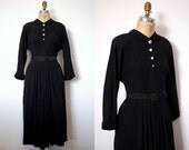 1940s dress / 40s black rayon dress / Rhinestone Buttons