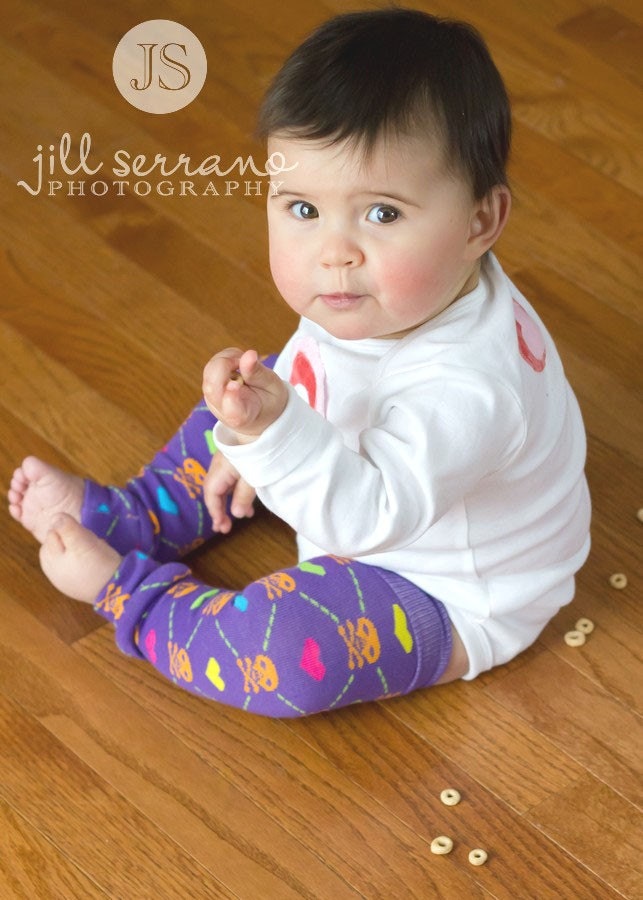 Crawler Covers Baby Toddler Leg Warmers--Purple with Skulls and Hearts--Always Ships Within 24 Hours OR LESS