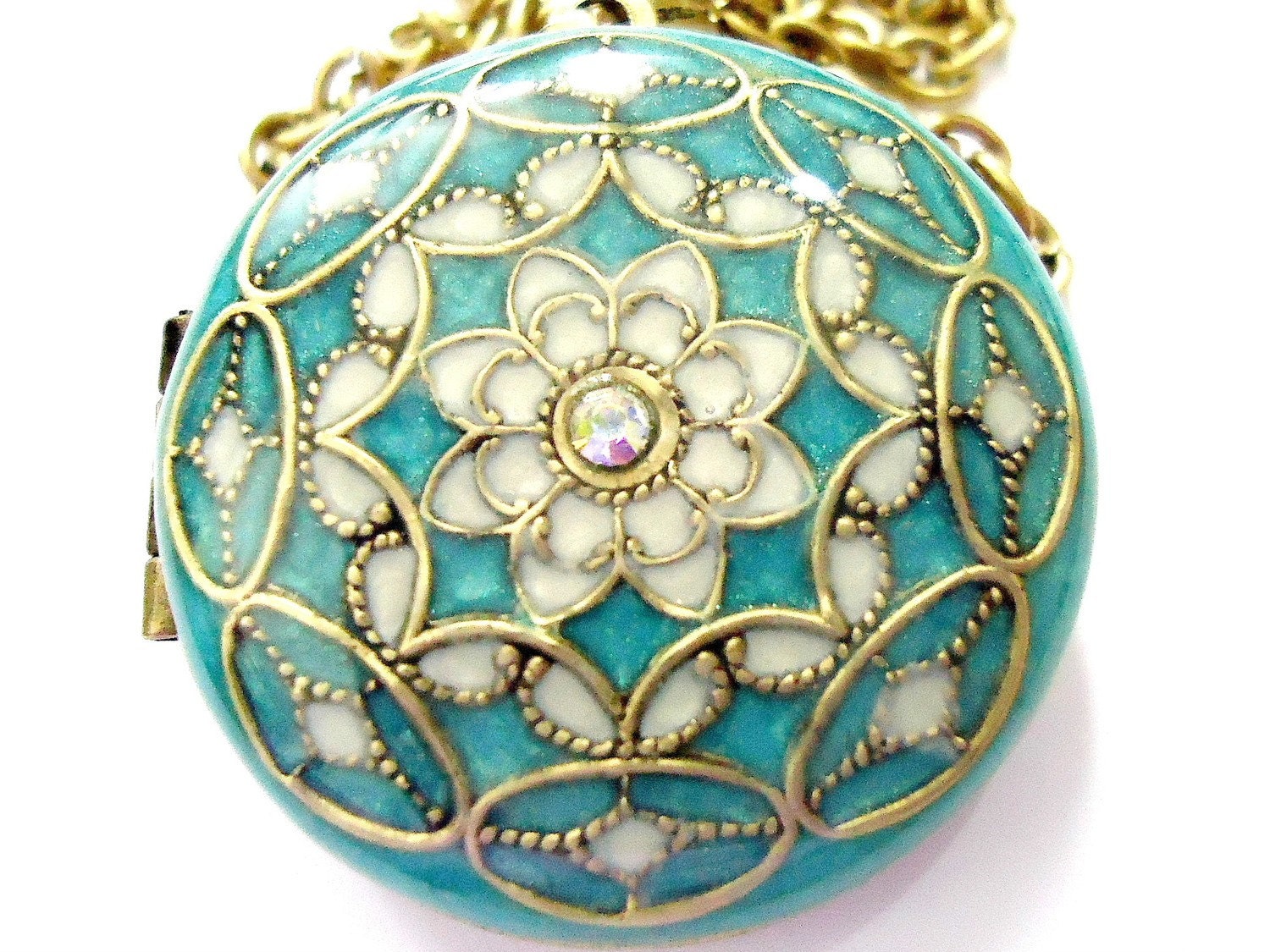Aqua, Filigree- Vintage, Brass, Swarovski Crystal Locket Necklace