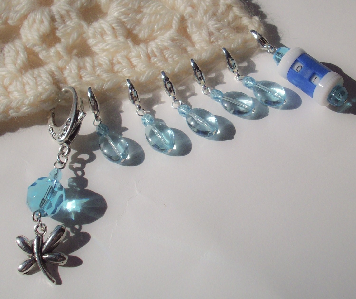 7 Piece Clip-on Stitch Marker and Stitch Counter Set - Aqua Blue Dragonfly
