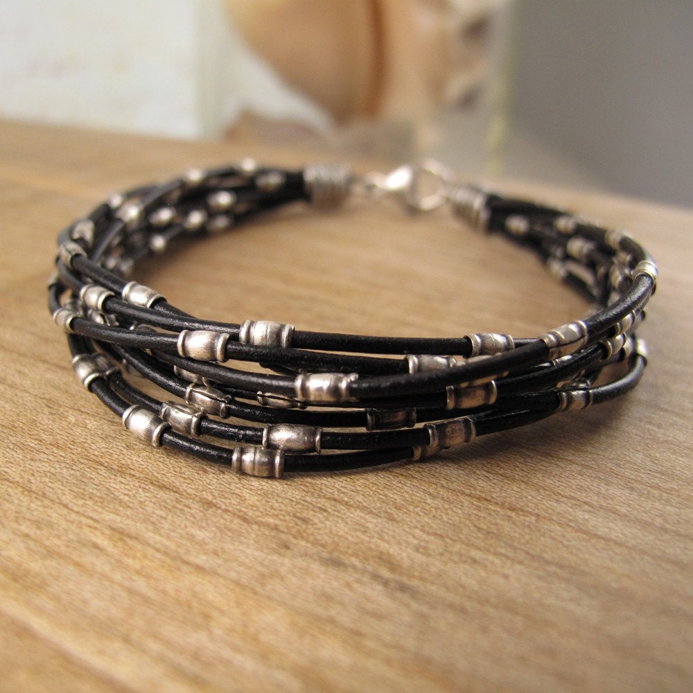 Nine-Strand Black Leather and Fine Silver Bracelet