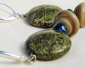 Blue and Forest Green Earrings - featuring Mossy Green Lace Agate and lampwork