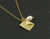 Envelope  And Freshwater Pearl Charm Necklace - He Wrote Love Letters - Handmade Winter Fashion