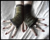 Gentle Moss Velvet Fingerless Gloves - Olive Army Green Black Organza Lace - Gothic Lolita Vampire Victorian Goth Dark Tribal Gypsy Earth