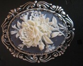 Floral Cameo Brooch Gray and Ivory Set in Silver Metal Setting
