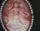 Coral and Ivory Three Women Cameo on Monet Vintage Necklace