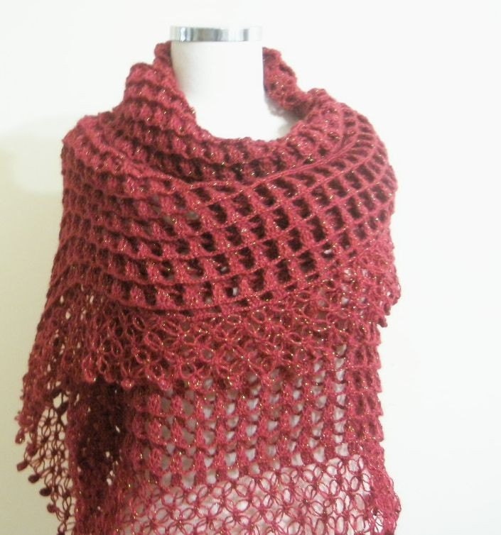 Lacy Shawl Beautiful Burgundy Crochet Wrap Triangle Scarf  READY TO SHIPPING