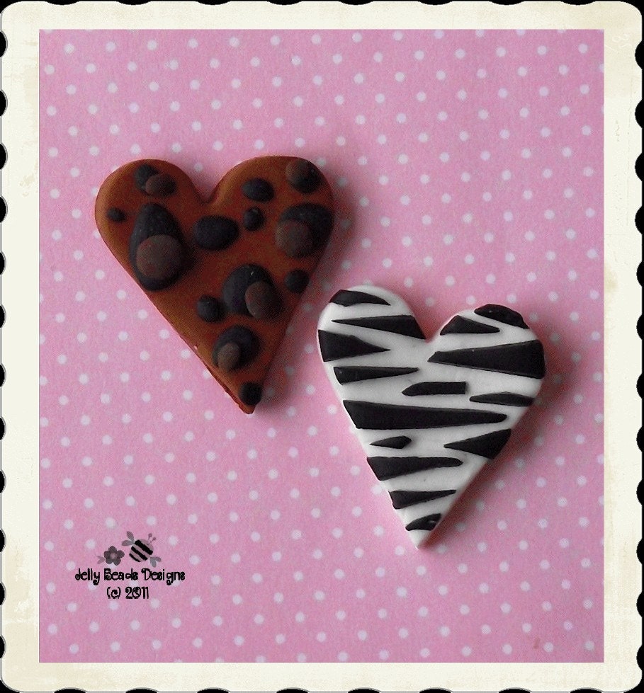 Polymer Clay Jungle Heart bead, charm, hair bow center, embellishment
