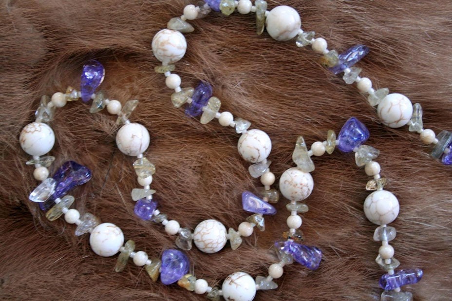 MOONLIT BEACH 2 Necklace (Magnesite, Purple Ice Flake Quartz, Golden Rutilated Quartz, River Stone)