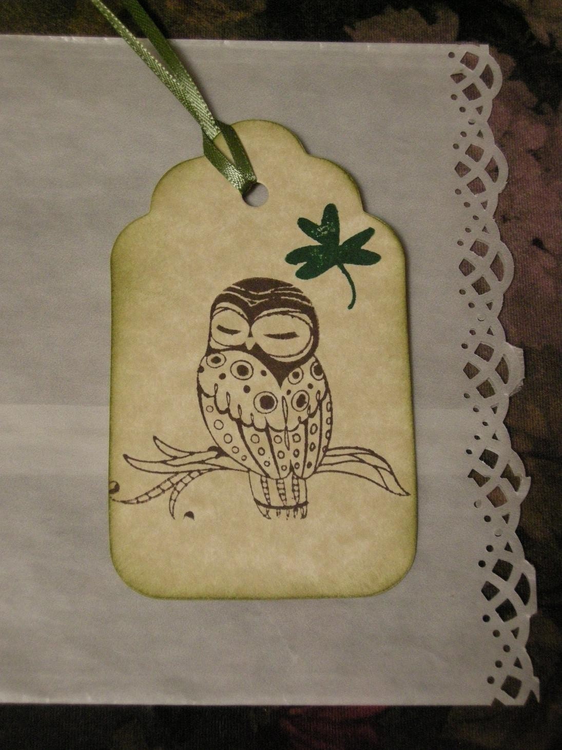 Owl Shamrock Tag - vintage style, shabby chic style hang tag, ephemera, gift tag, bookmark tag - set of 6