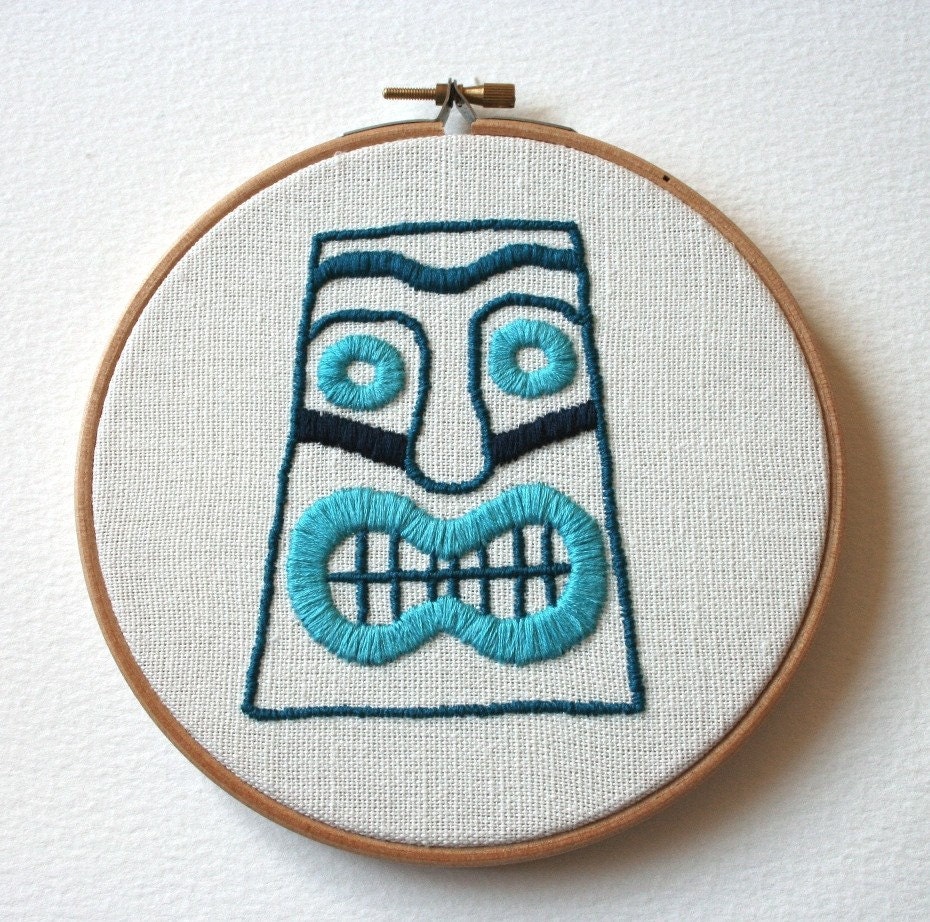 Blue Lagoon Tiki Head Hand Embroidered Wall Plaque