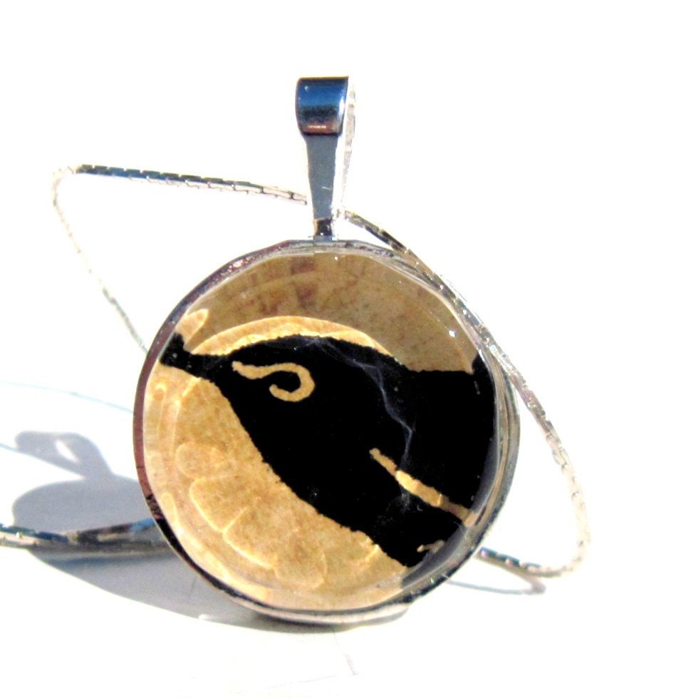 Black Bird Glass Pendant. Glass and Sterling Silver Pendant Necklace. Zen Pendant. Engravable: Raven