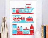Kitchen print  Cathrineholm poster Scandinavian Mid Century Modern art  "Kitchen  shelves"   A3 letterpress style retro