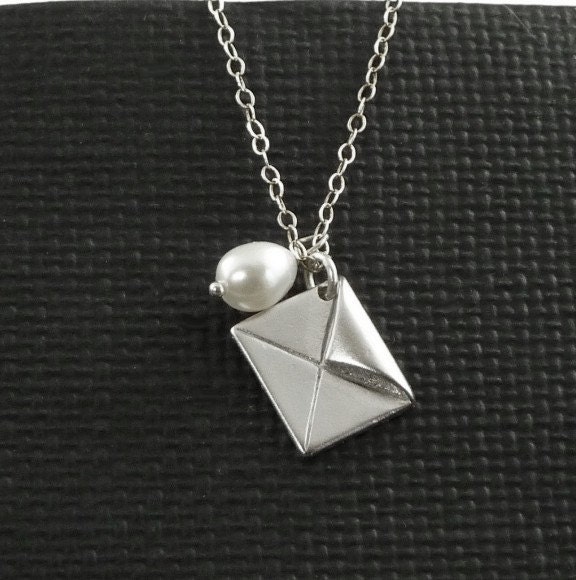 Envelope  And Freshwater Pearl Charm Necklace - He Wrote Love Letters - Handmade Winter Fashion