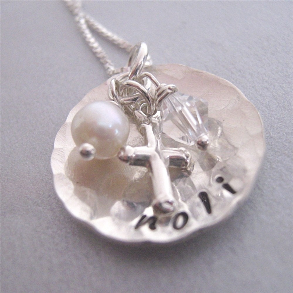 Cup of Faith  sterling silver customized hand stamped necklace with cross