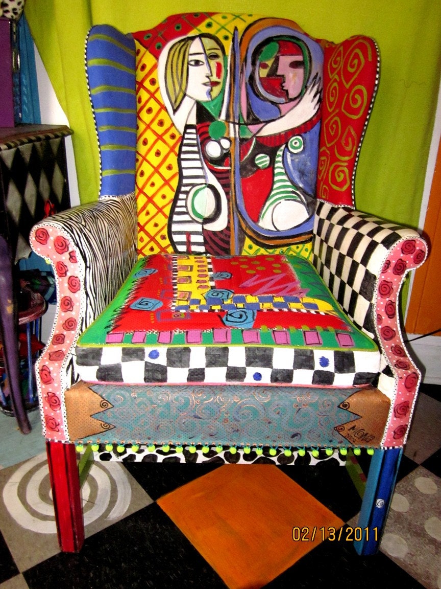 Hand painted, Picasso, Wing chair, painted furniture, recycled, eco friendly