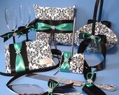 Damask Wedding Guest Book, Pen, Ring Bearer Pillow, Flower Girl Basket, Toasting Flutes, Cake Serving Set with Personalized Engraving