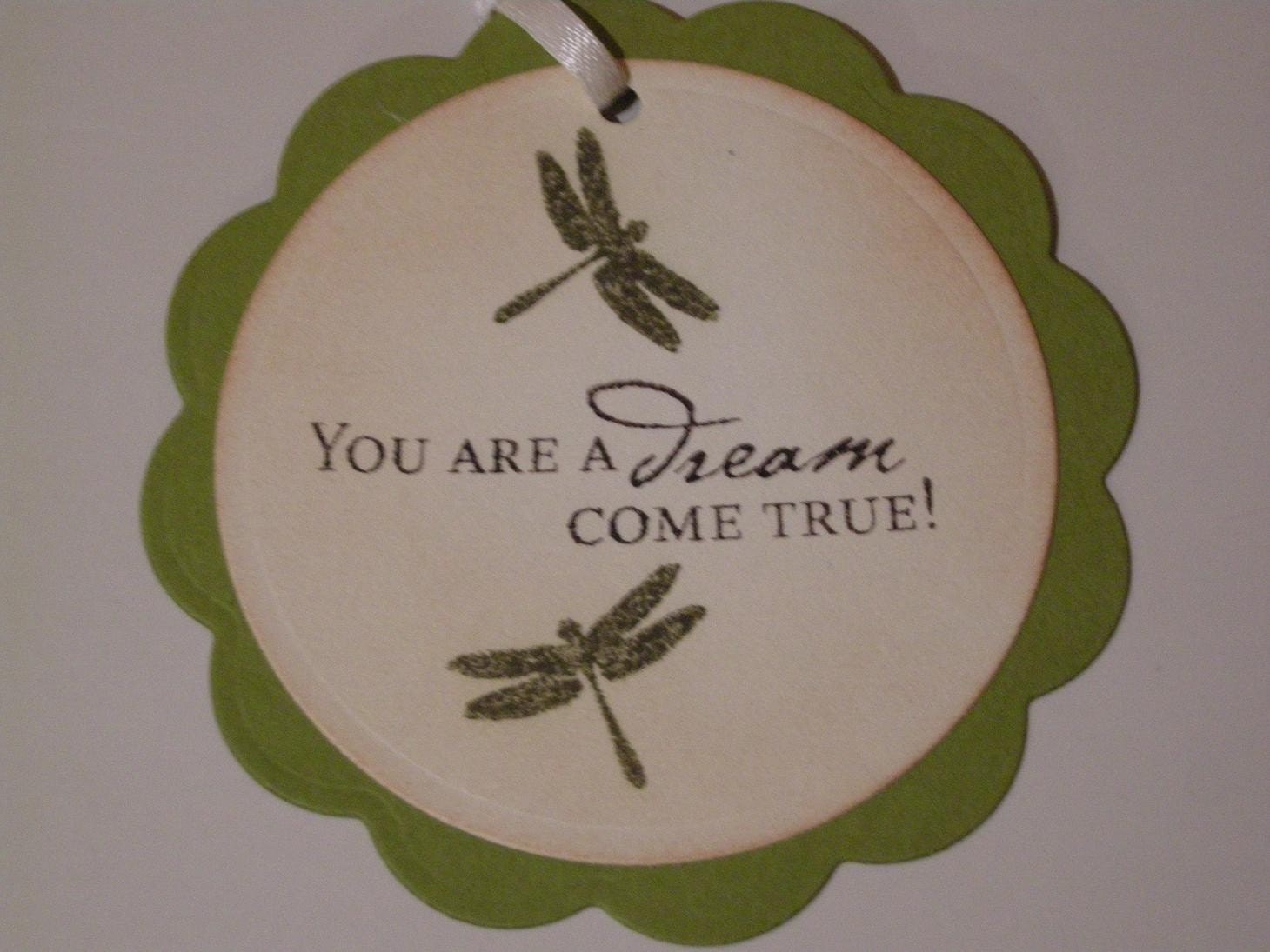 You are a Dream Come True Dragonfly - vintage style, shabby chic style, scalloped circle hang tag - set of 6