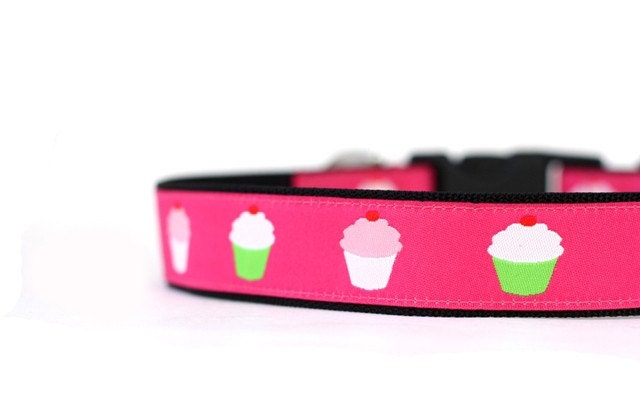 1 Inch Wide Dog Collar with Adjustable Buckle or Martingale in Raspberry Cupcakes