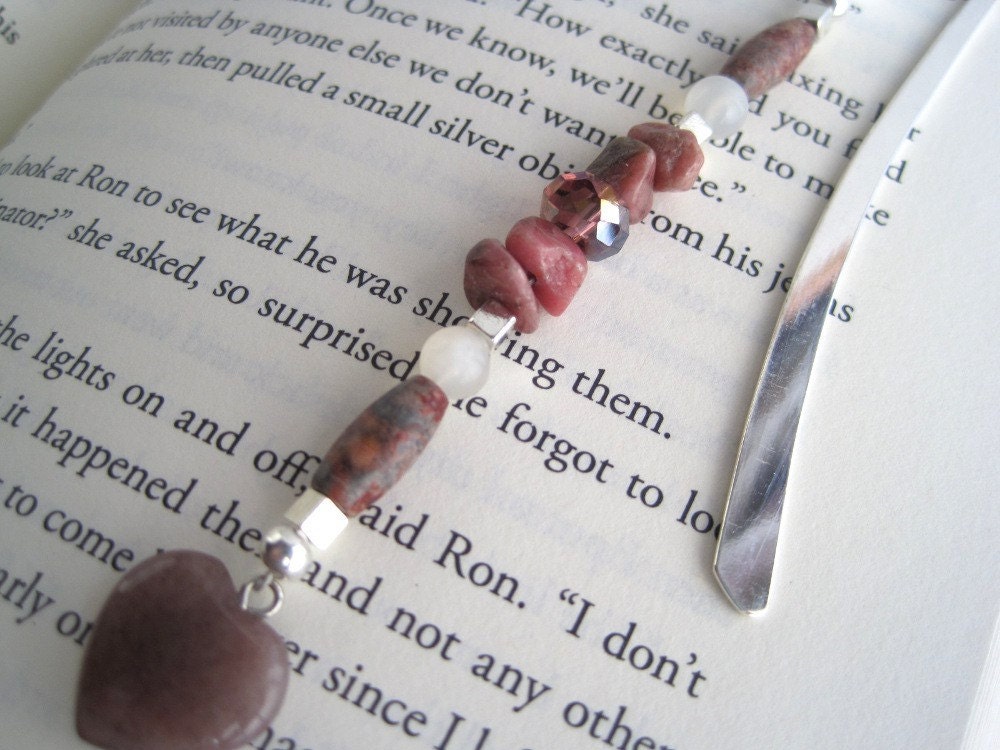 Pink Rhodonite Heart Bookmark Moonstone Swarovski Shepherds Hook
