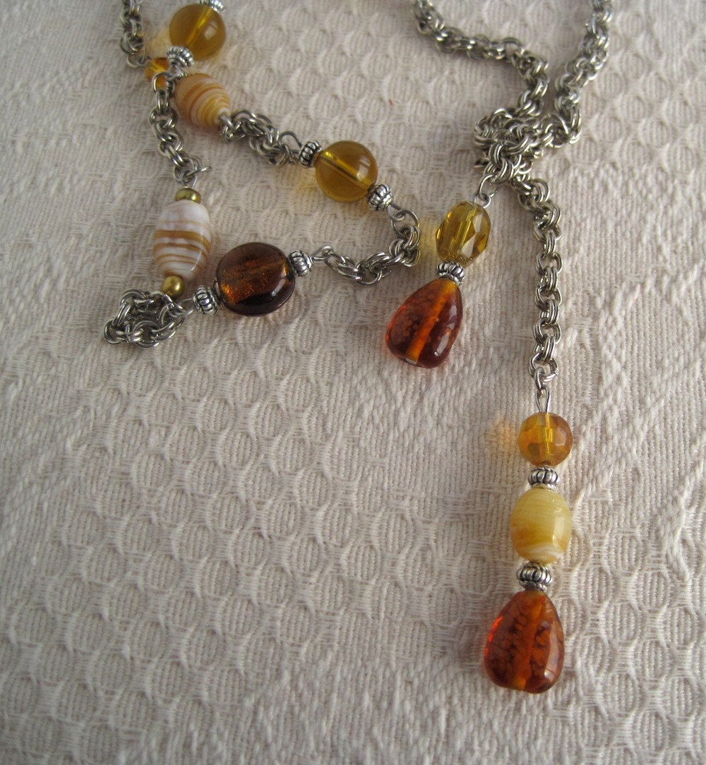 Glass Bead Lariat Necklace Amber Yellow  Silver Chain