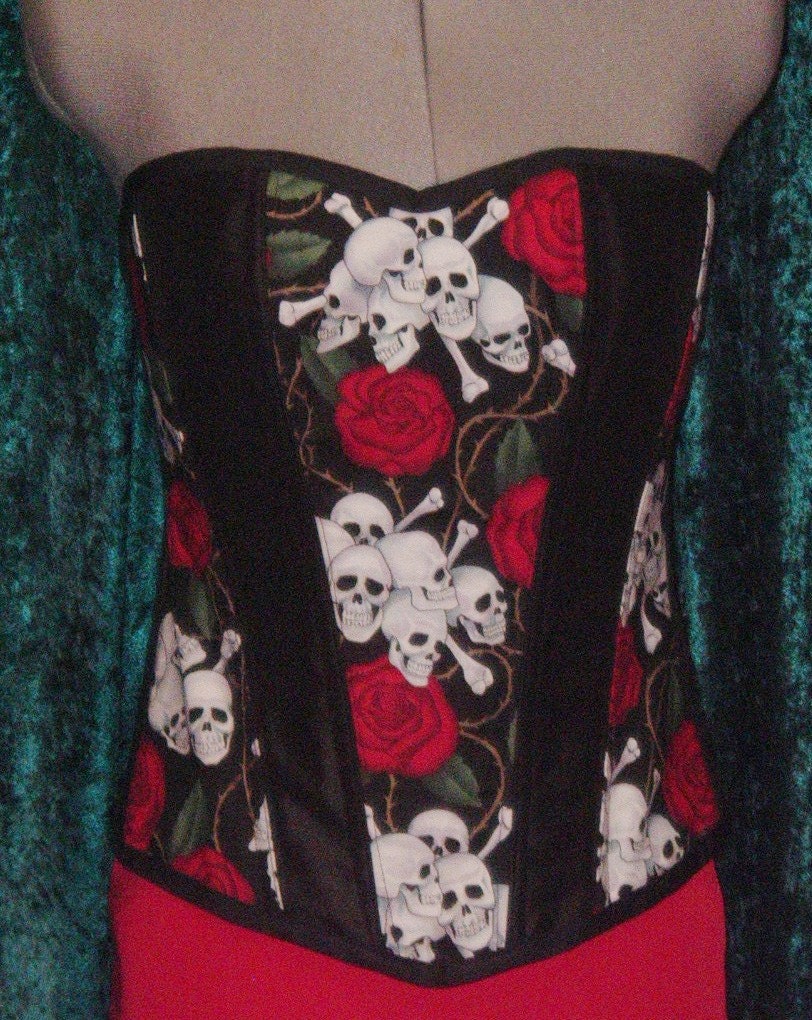 Black Satin, Skulls & Roses Sweetheart Overbust Corset