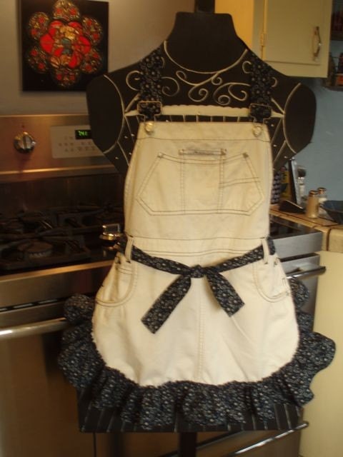 Bib Overall Apron, Ecru and Navy