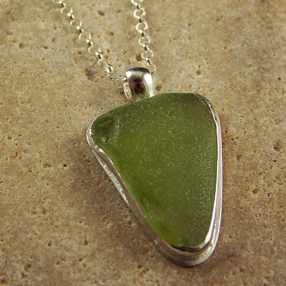 Genuine Olive Green Sea Glass Pendant Bezel Set in Sterling Silver