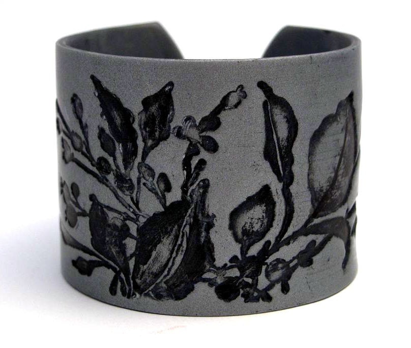 Silver Cuff Bracelet Polymer Clay Black Wide Cuff Leaves Flowers Hand Stamped Art Jewelry