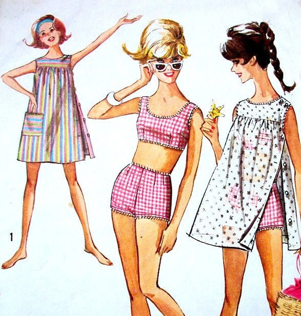 1960s Simplicity 6018 Bust 36 Size 16 T Two Piece Bathing Suit and Cover Up Dress Super Cute Beachwear