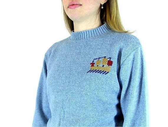 Blue Pullover Sweater Crew Neck Boyfriend Vintage 1970s Mens Sweater Modern Size Small