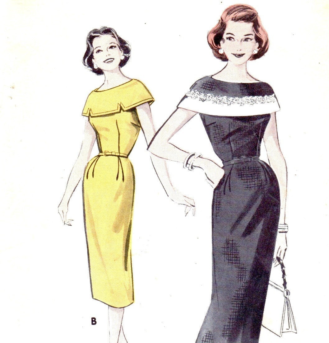 50s Butterick 8457 Sheath Dress Bust 36 Size 16 Capelet Collar Back Buttons Tailored Cocktail Wiggle Rockabilly VLV