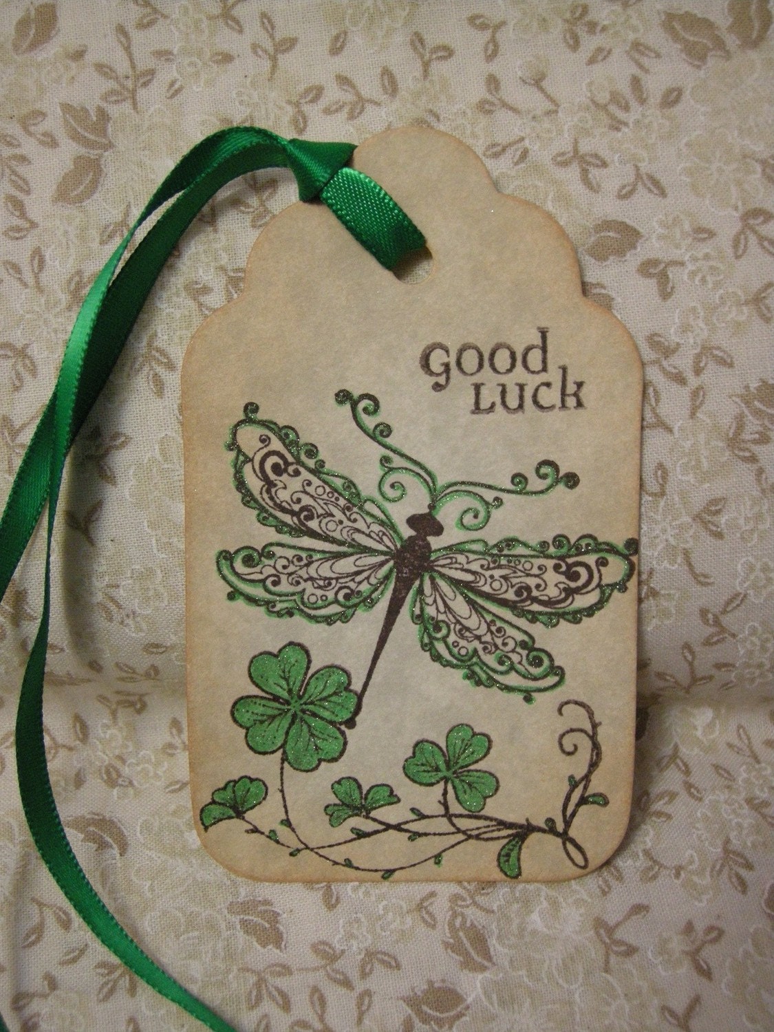 IRISH DRAGONFLY Good Luck Irish Blessing - vintage style, shabby chic style, hang tag, sparkle, gift tag, bookmark tag, tea dye, distressed, parchment, dragonfly, clover, lucky, four leaf clover, garden, old-fashioned, St.Patrick's Day- set of 6