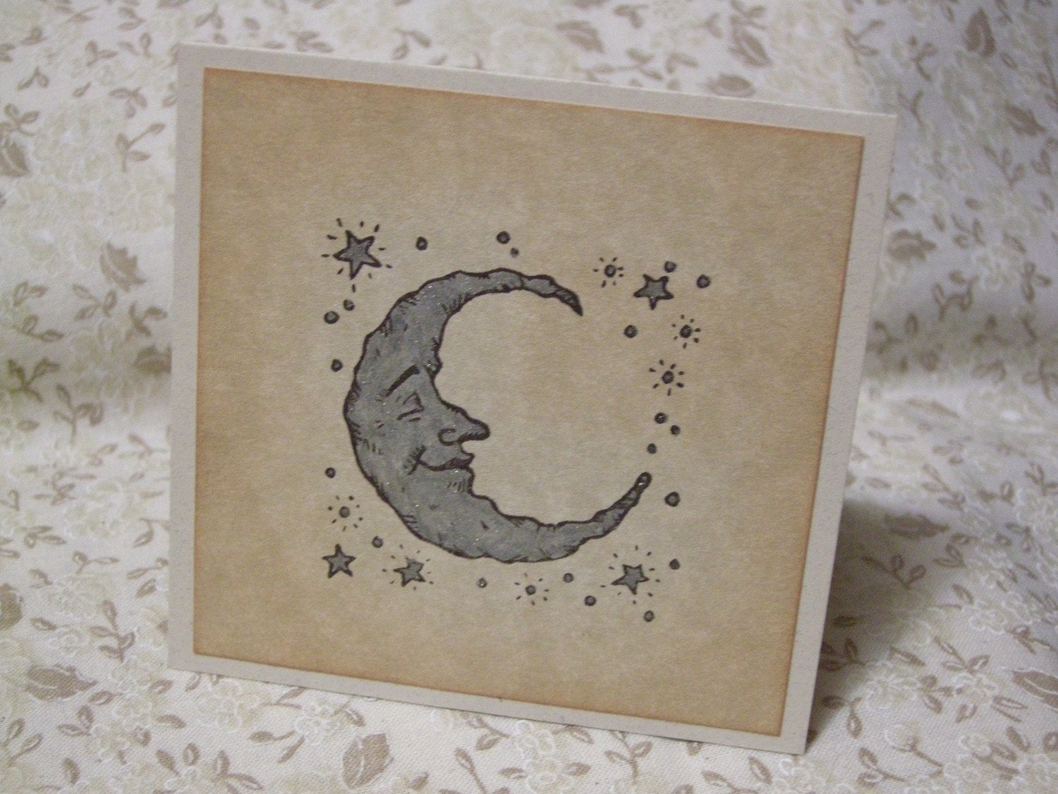SILVERY MOON thank you notecards- with silver stars, vintage style, shabby chic style, ephemera, celestial, baby shower - set of 6