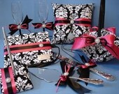 Damask and Fuchsia Wedding Guest Book Set, Ring Bearer Pillow, Flower Girl Basket, Toasting Flutes, Cake Serving Set, Personalized Engraving