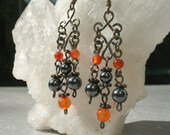 Carnelian, Hematite Chandelier, Antiqued Hammered Sterling Silver Wire Earrings