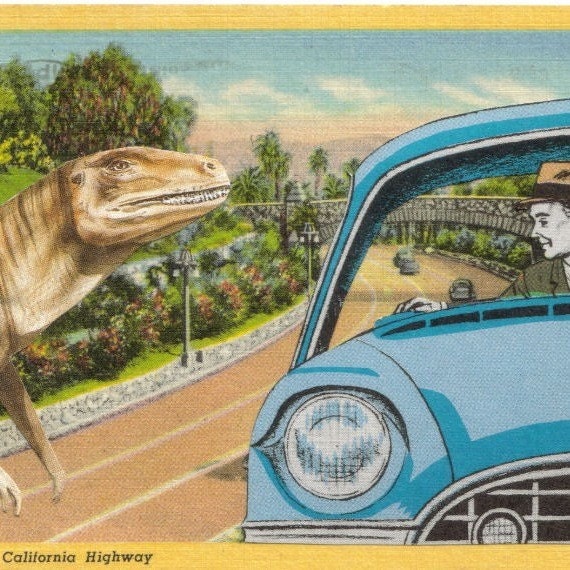 Original Collage Dinosaur Art Postcard