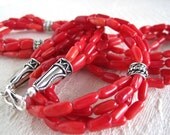Really Red Bamboo Coral Necklace -  Multiple Strand - Sterling Silver