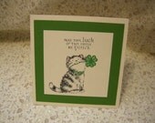 Lucky Kitty St. Patrick's Day Card - Four leaf clover, shamrock, green, Irish, Irish Blessing, luck, cat, kelly green, Ireland, sparkle