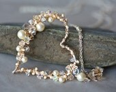Pearl and Crystal Sterling and Gold Wire Wrapped Heart Lariat - MADE TO ORDER